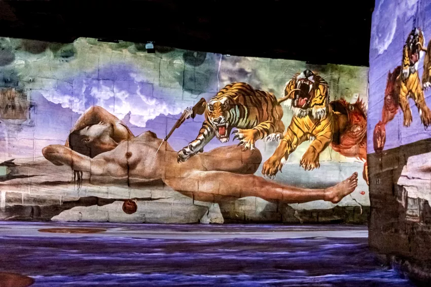 exposition immersive sur Dali aux Carrières des Lumières, femme nue allongée avec des tigres